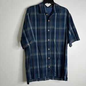 Tommy Bahama 100% Silk Navy Blue Plaid Casual Button Down Office Resortwear Sz M
